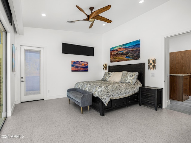 11649 N Miller Rd, Scottsdale, AZ 85260 - bedroom featuring a ceiling fan, visible vents, baseboards, and recessed lighting