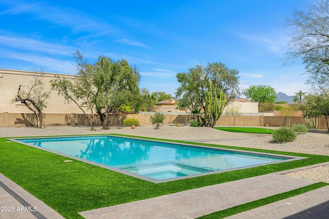 11649 N Miller Rd, Scottsdale, AZ 85260 - view of swimming pool with a fenced backyard, a lawn, an in ground hot tub, and a fenced in pool