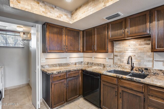 8225 N Central Ave Unit 44, Phoenix, AZ 85020 - kitchen with visible vents, black dishwasher, a sink, backsplash, and light tile patterned floors