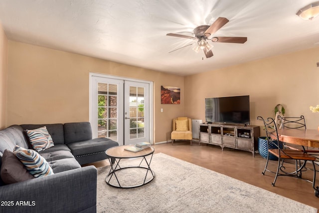 3031 E Avalon Dr, Phoenix, AZ 85016 - living area featuring french doors, concrete flooring, and ceiling fan