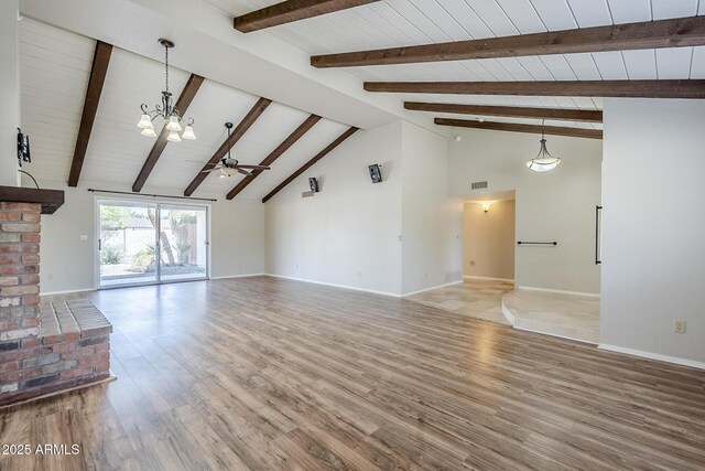 2178 E Golf Ave, Tempe, AZ 85282 - unfurnished living room with ceiling fan, light wood-style flooring, baseboards, wood ceiling with exposed beams, and high vaulted ceiling