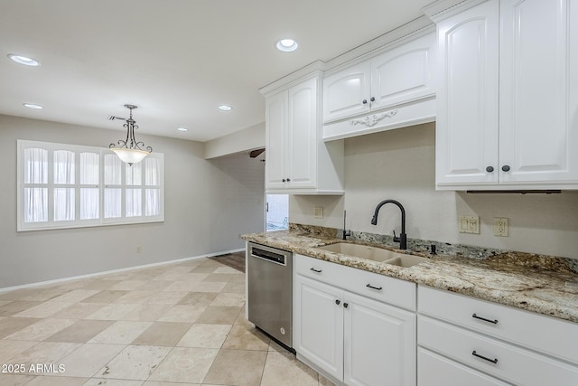 2178 E Golf Ave, Tempe, AZ 85282 - kitchen with stainless steel dishwasher, a sink, baseboards, pendant lighting, and white cabinetry