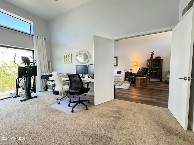 office space with wood-type flooring and a high ceiling