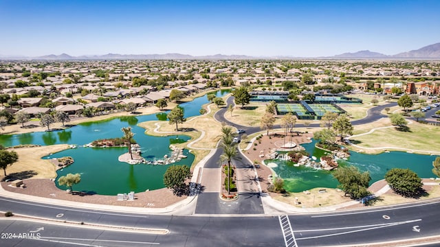 bird's eye view featuring a water and mountain view