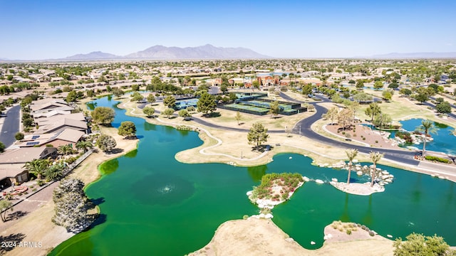 bird's eye view with a water and mountain view