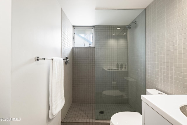 bathroom with vanity, toilet, tile walls, and a shower stall