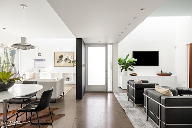 living area featuring a wealth of natural light and concrete floors