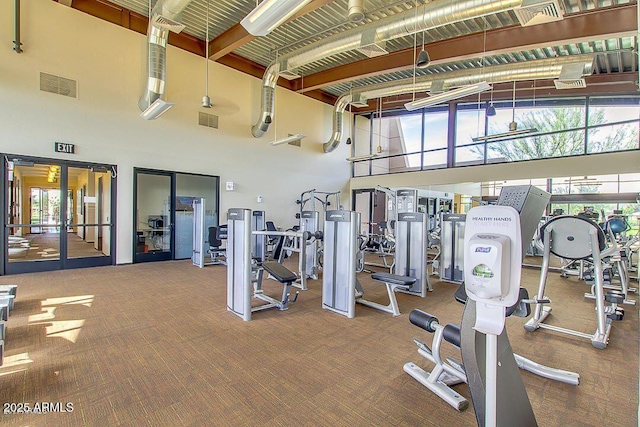 exercise room featuring a towering ceiling and carpet flooring