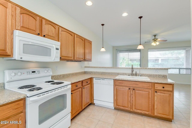 kitchen with ceiling fan, sink, hanging light fixtures, kitchen peninsula, and white appliances