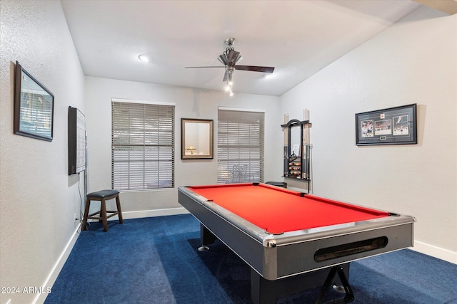 recreation room with ceiling fan, dark carpet, and billiards