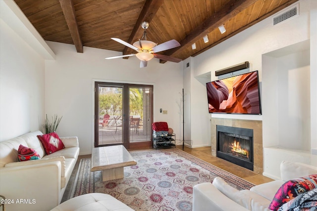 24218 N 85th St, Scottsdale, AZ 85255 - living room with wood ceiling, a fireplace, a ceiling fan, and wood finished floors