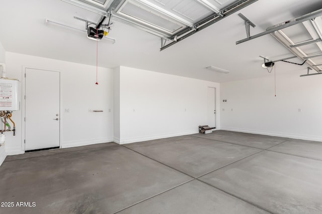 garage with a garage door opener and water heater