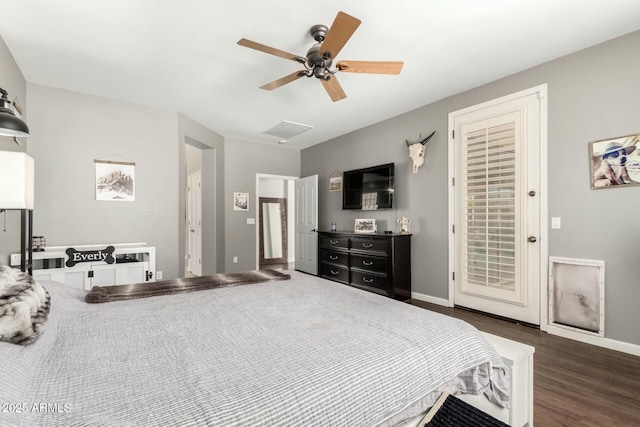 bedroom featuring ceiling fan, dark wood-type flooring, baseboards, and access to outside