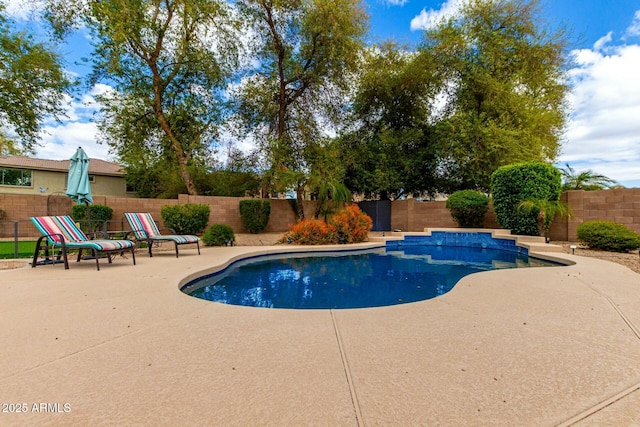 view of pool with a patio area, a fenced in pool, and a fenced backyard