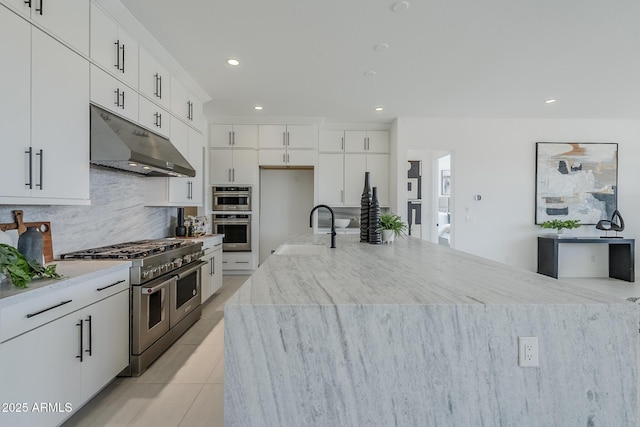 11045 N Hershey St, Surprise, AZ 85388 - kitchen featuring appliances with stainless steel finishes, under cabinet range hood, a sink, backsplash, and recessed lighting