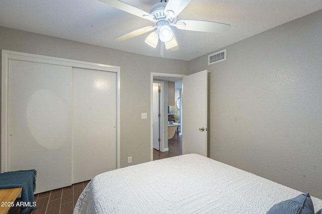 bedroom with ceiling fan and a closet