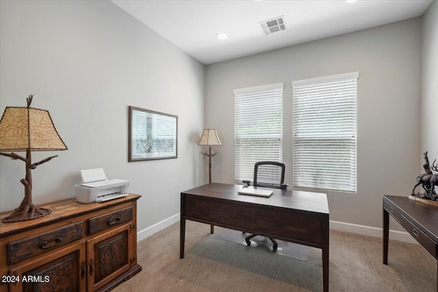 home office with light carpet