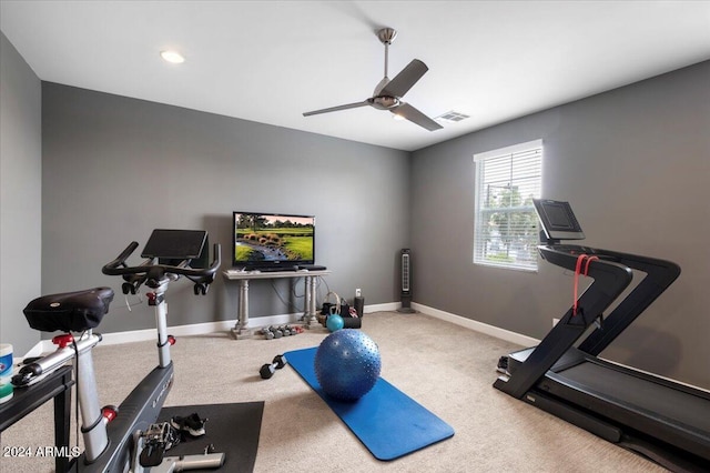 exercise room with ceiling fan and carpet flooring