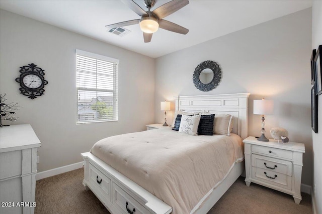 bedroom with ceiling fan and dark colored carpet