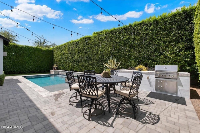 view of swimming pool with a patio, pool water feature, and grilling area