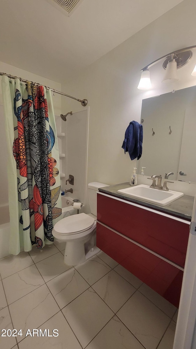 full bathroom with toilet, visible vents, vanity, marble finish floor, and shower / tub combo with curtain