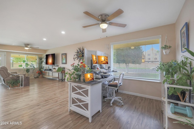 home office featuring ceiling fan and light hardwood / wood-style floors