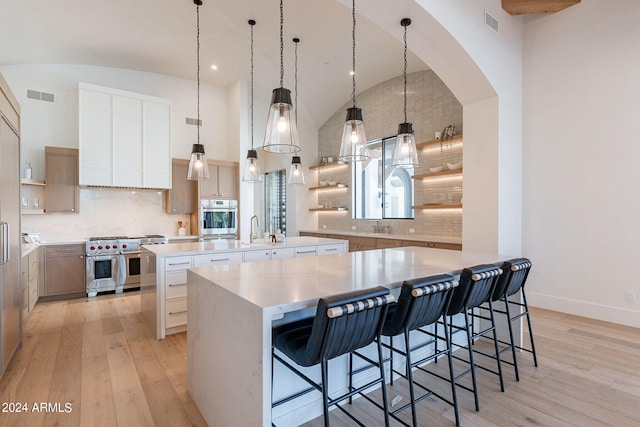 kitchen with appliances with stainless steel finishes, tasteful backsplash, light hardwood / wood-style flooring, and an island with sink