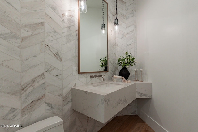 bathroom featuring sink, hardwood / wood-style floors, and toilet