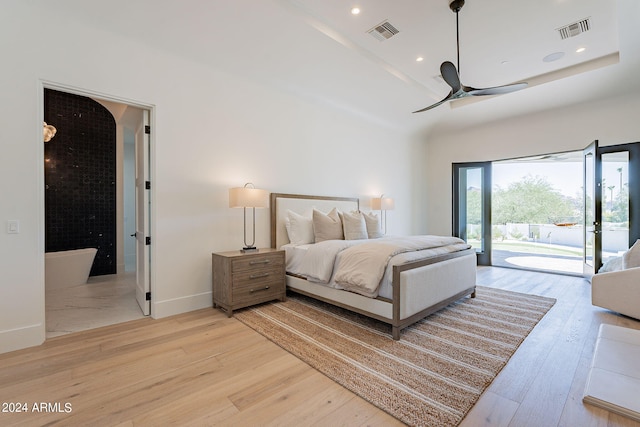 bedroom with access to outside, ceiling fan, and light hardwood / wood-style floors