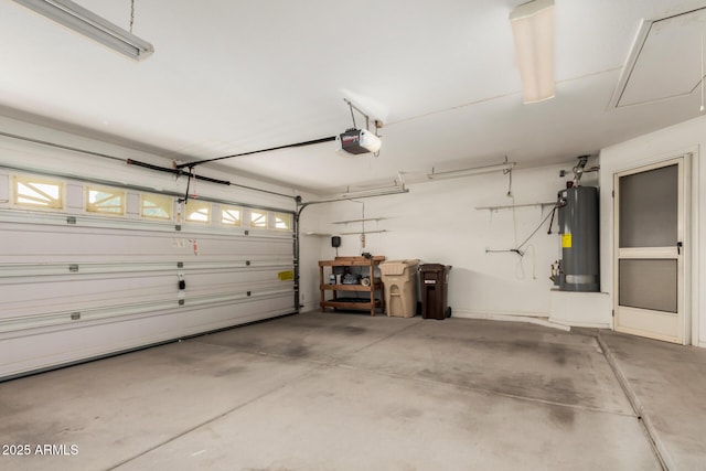 garage with gas water heater and a garage door opener