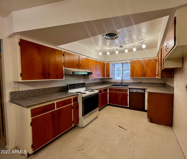 kitchen featuring sink, light tile floors, white electric range oven, black dishwasher, and track lighting