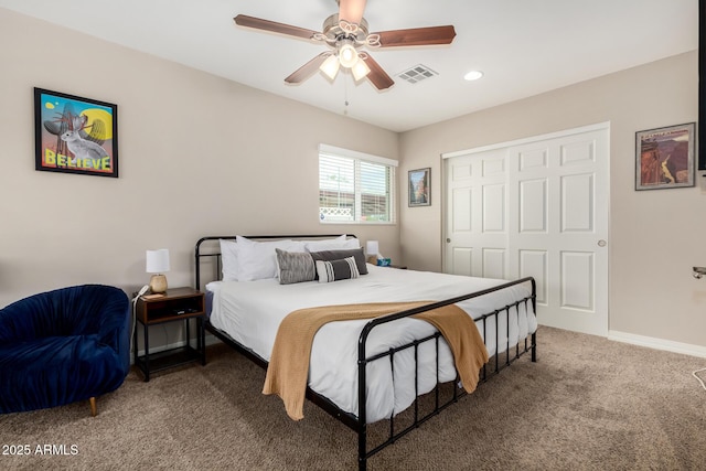 508 S Ernie Pl, Tempe, AZ 85281 - bedroom featuring ceiling fan, carpet floors, recessed lighting, visible vents, and a closet