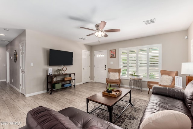 508 S Ernie Pl, Tempe, AZ 85281 - living room featuring baseboards, a ceiling fan, light wood-type flooring, and visible vents