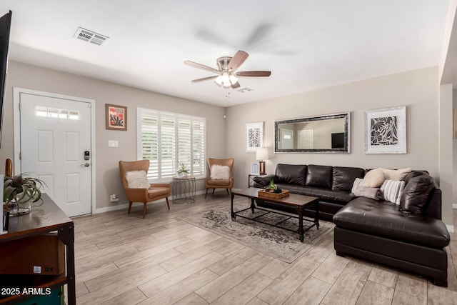 508 S Ernie Pl, Tempe, AZ 85281 - living room featuring light wood-style floors, baseboards, a ceiling fan, and visible vents