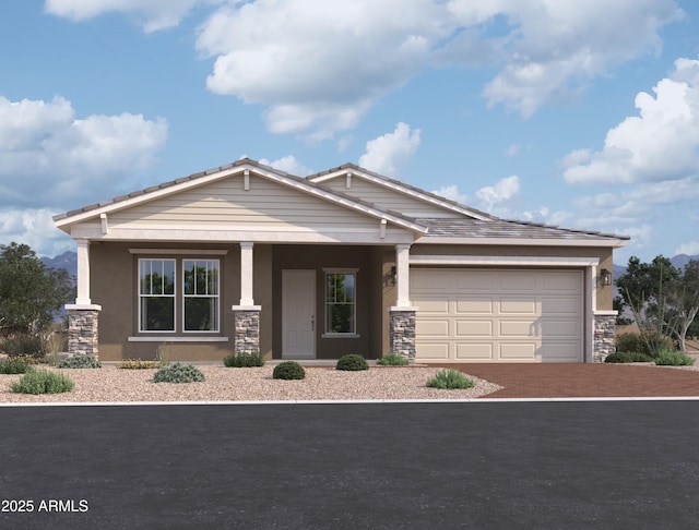 craftsman inspired home featuring stone siding, driveway, an attached garage, and stucco siding