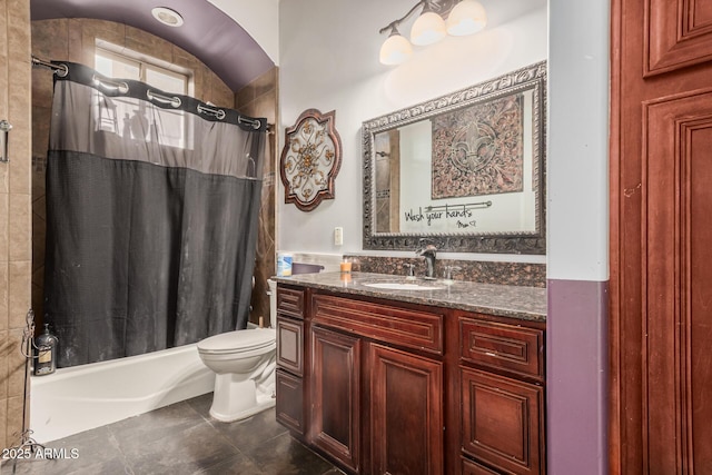 full bath with vanity, toilet, shower / bathtub combination with curtain, and tile patterned flooring