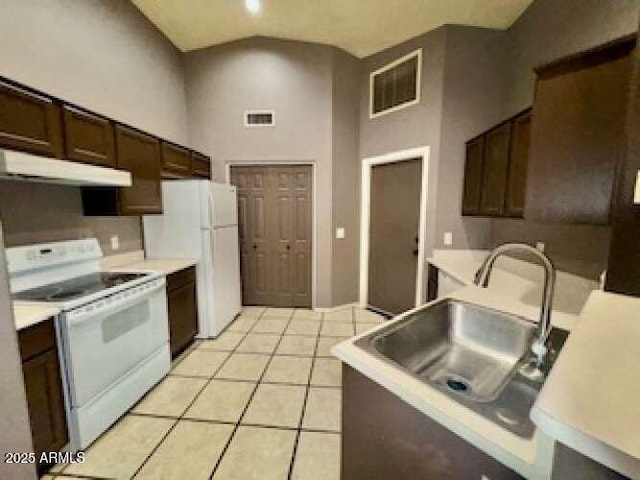 kitchen featuring under cabinet range hood, white appliances, a sink, visible vents, and dark brown cabinets