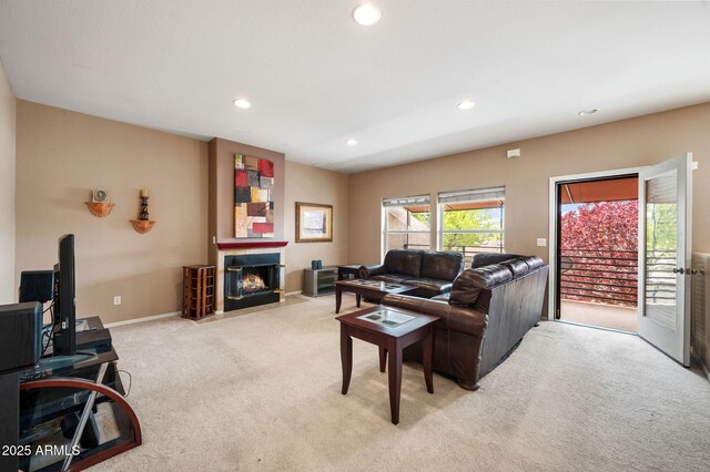 997 Fairway Dr, Dewey, AZ 86327 - living room with a fireplace with flush hearth, carpet floors, baseboards, and recessed lighting