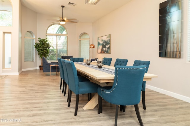 136 E Vera Ln, Tempe, AZ 85284 - dining space featuring light wood-style flooring, ceiling fan, and high vaulted ceiling