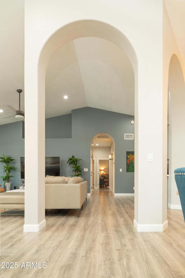 136 E Vera Ln, Tempe, AZ 85284 - entrance foyer featuring a ceiling fan, arched walkways, light wood finished floors, vaulted ceiling, and recessed lighting