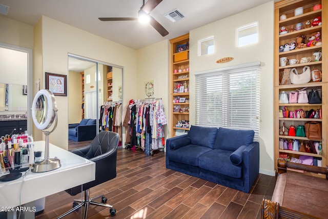 office space featuring ceiling fan and dark wood-type flooring