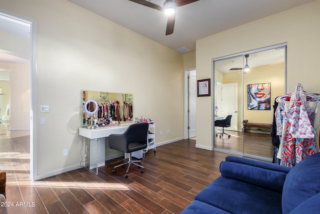 office space with dark hardwood / wood-style floors and ceiling fan