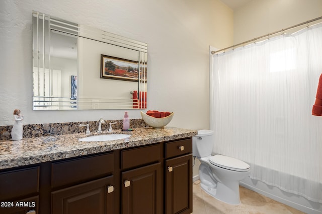 full bathroom featuring shower / bathtub combination with curtain, tile patterned flooring, vanity, and toilet