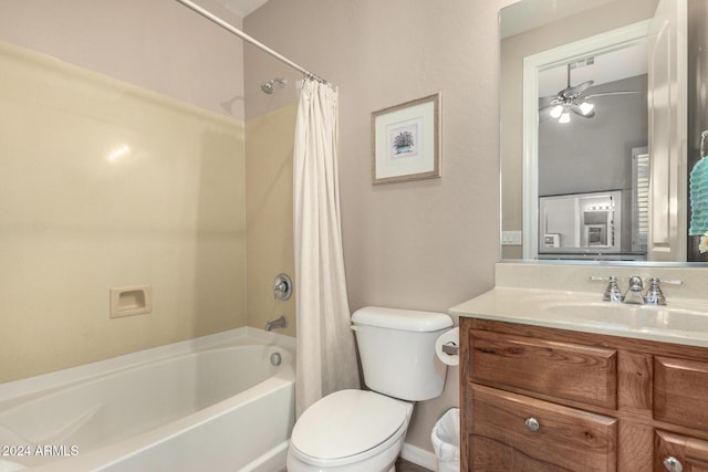 full bathroom with vanity, ceiling fan, toilet, and shower / bathtub combination with curtain