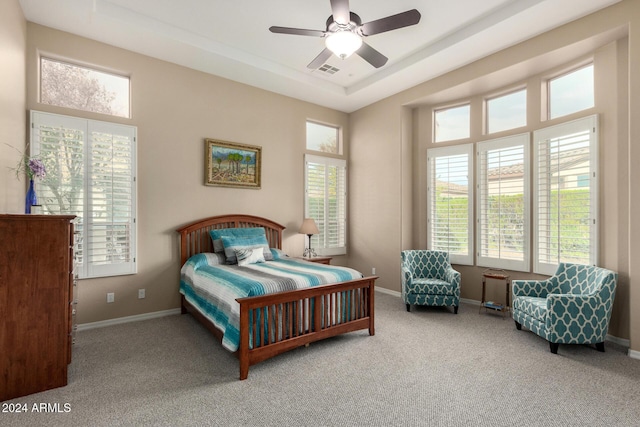 bedroom featuring ceiling fan, a raised ceiling, and carpet floors