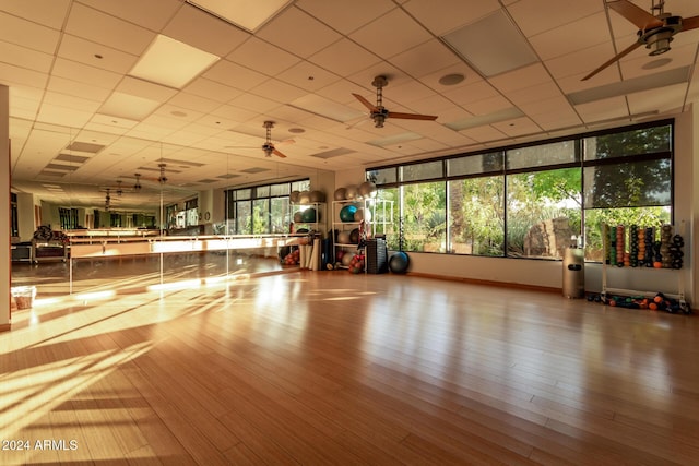 exercise area with ceiling fan and hardwood / wood-style floors