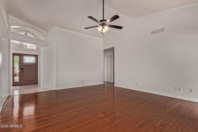 15430 N 19th Way, Phoenix, AZ 85022 - unfurnished living room featuring high vaulted ceiling, hardwood / wood-style floors, a ceiling fan, and baseboards