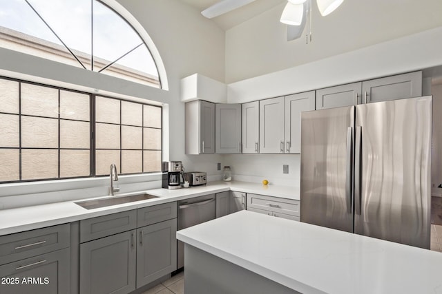 15430 N 19th Way, Phoenix, AZ 85022 - kitchen with gray cabinets, stainless steel appliances, a sink, ceiling fan, and light tile patterned floors