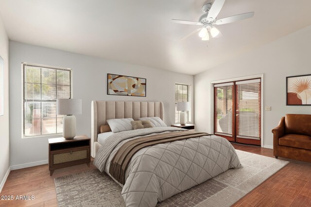 15430 N 19th Way, Phoenix, AZ 85022 - bedroom with access to exterior, wood finished floors, baseboards, lofted ceiling, and a ceiling fan