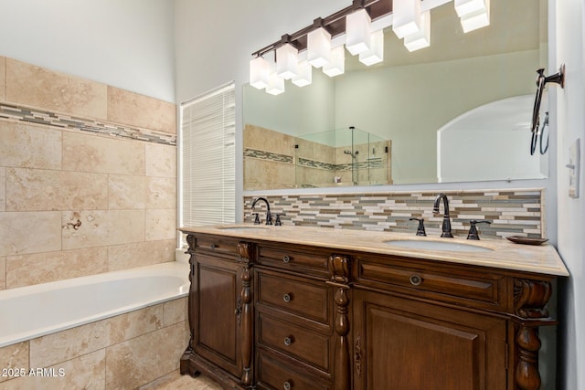 15430 N 19th Way, Phoenix, AZ 85022 - bathroom featuring tiled shower, a relaxing tiled tub, double vanity, and decorative backsplash